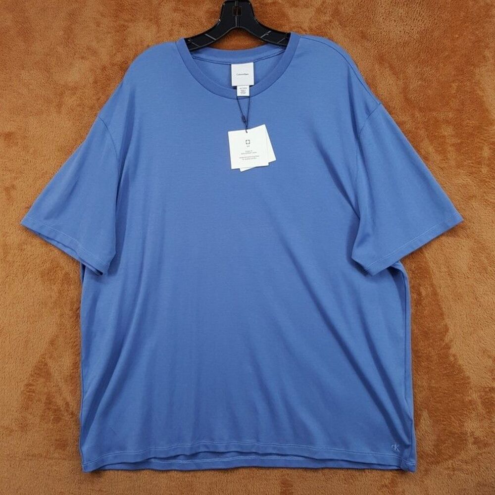 CALVIN KLEIN Shirt Mens XXL Blue Pullover Crew CK Logo 100% Supima Cotton Soft